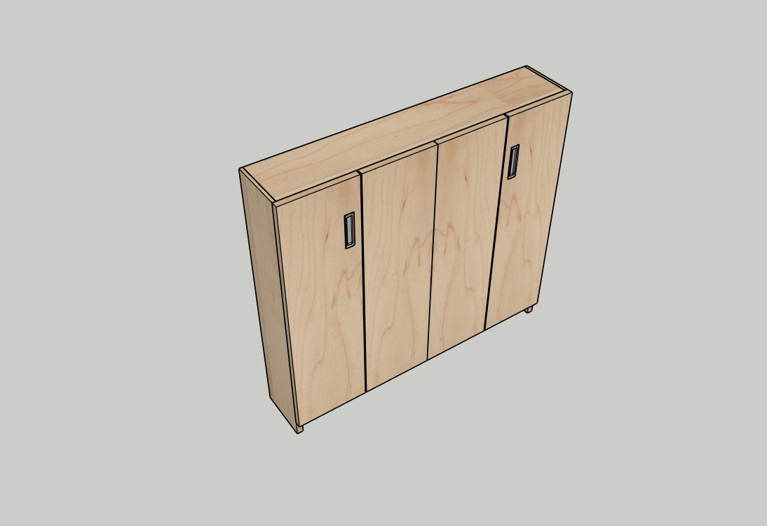 Wooden storage cabinet with sliding doors on a gray background