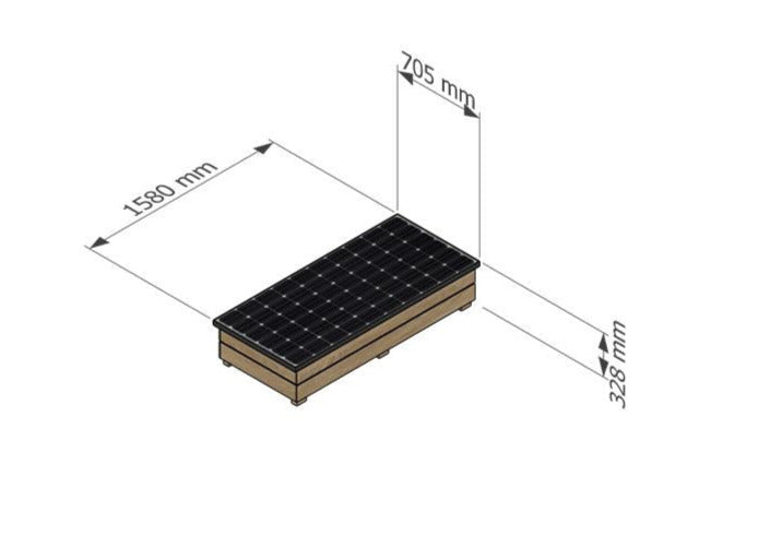 Measurement chart of a Solar Box with dimensions labelled