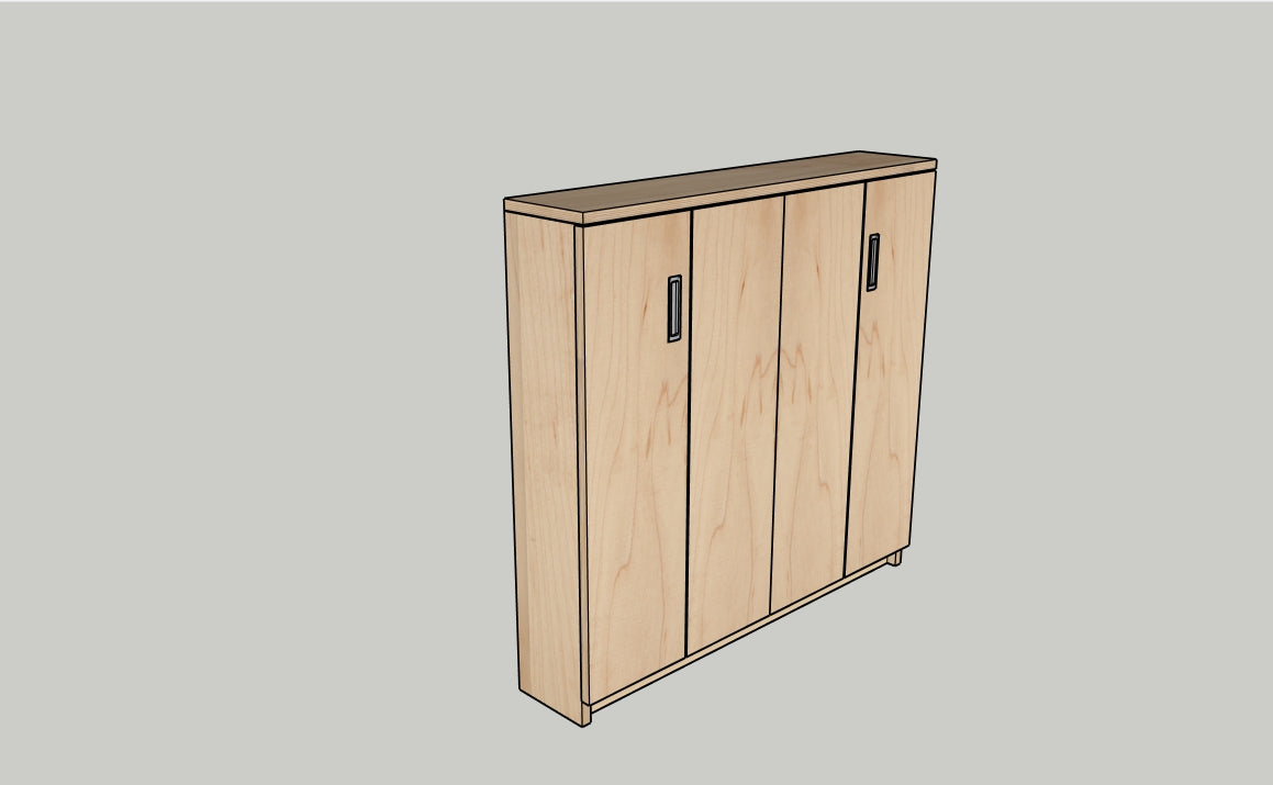 Wooden cabinet with sliding doors on a gray background