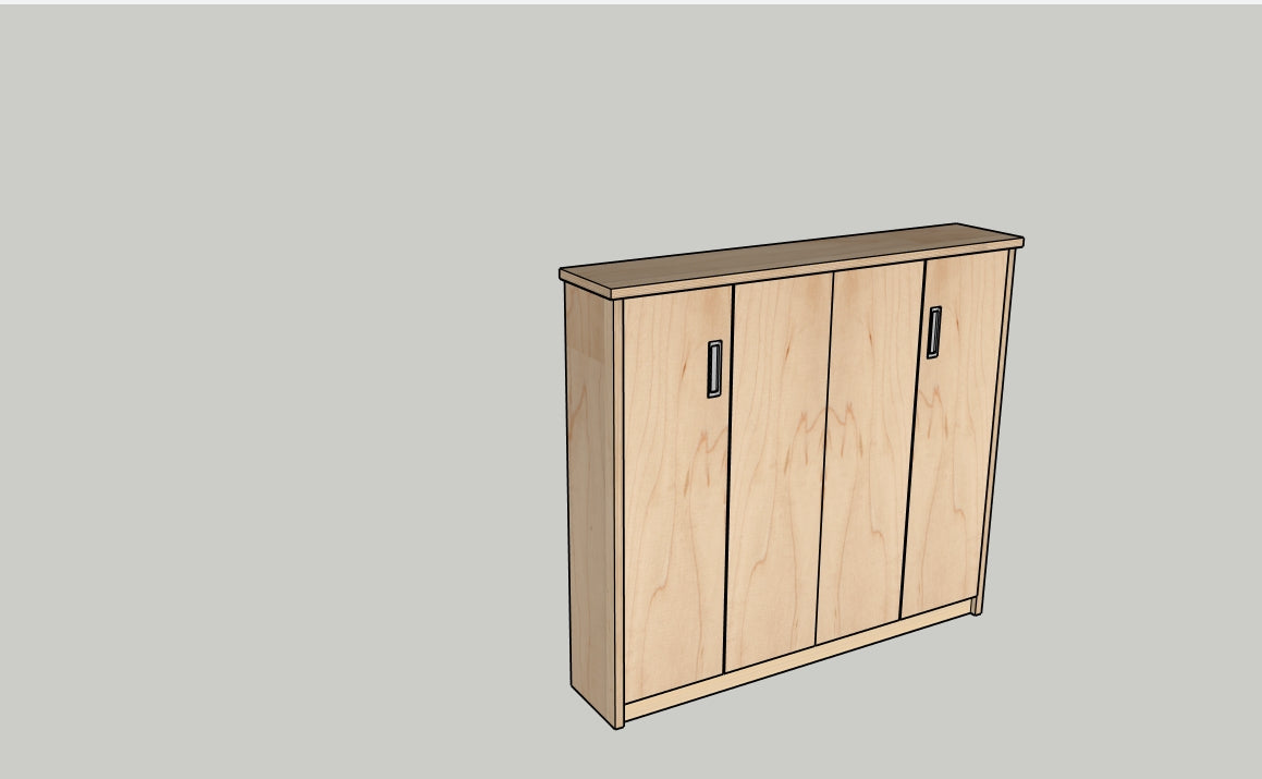 Wooden cabinet with three doors on a gray background