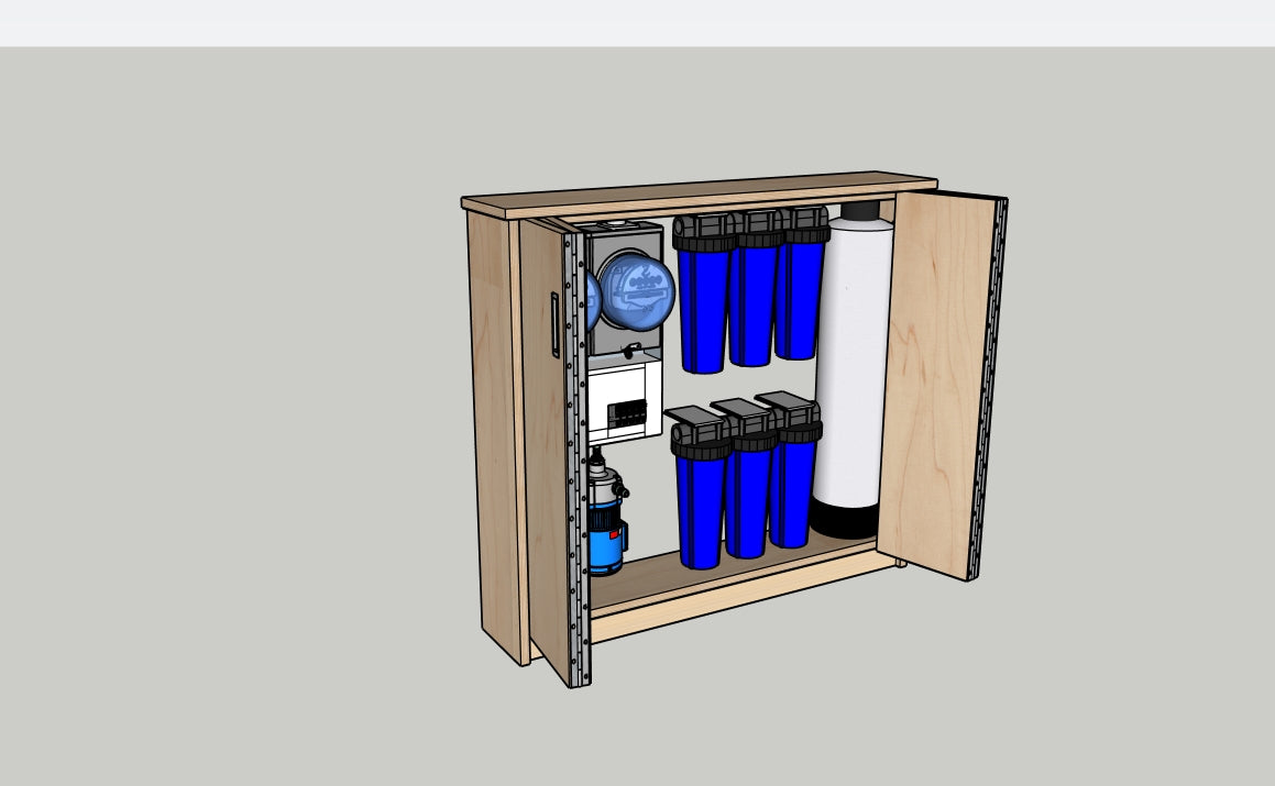 Illustration of a water filtration system with blue tanks and a pressure gauge on a gray background