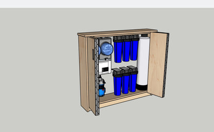 Illustration of a water filtration system with blue tanks and a pressure gauge on a gray background