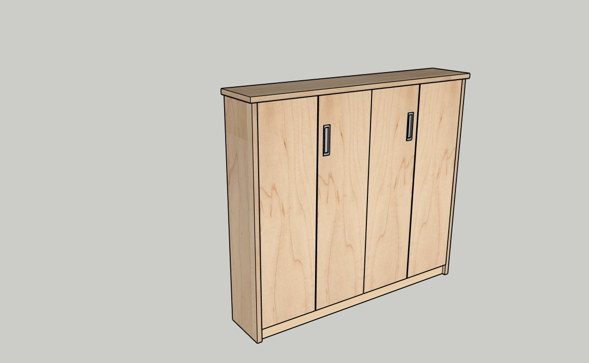 Wooden cabinet with three doors on a gray background