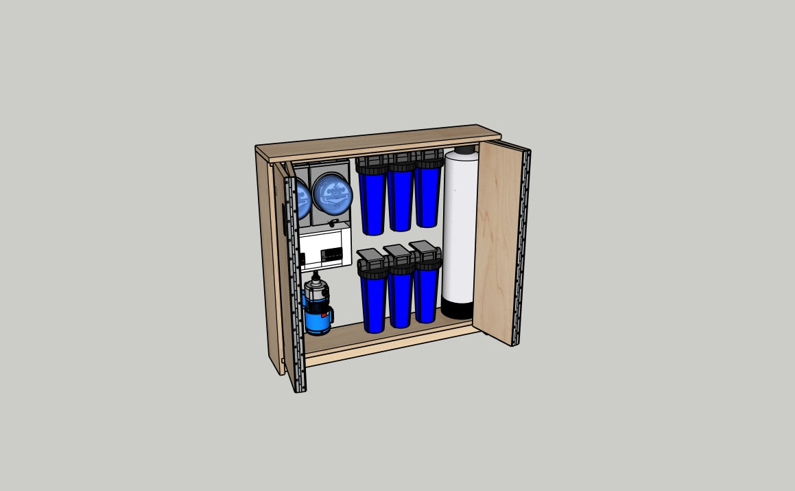 Illustration of a cabinet with blue bottles and a white container on a gray background