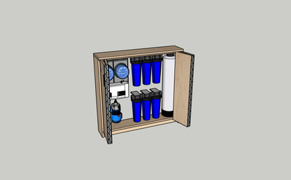 Illustration of a cabinet with blue bottles and a white container on a gray background