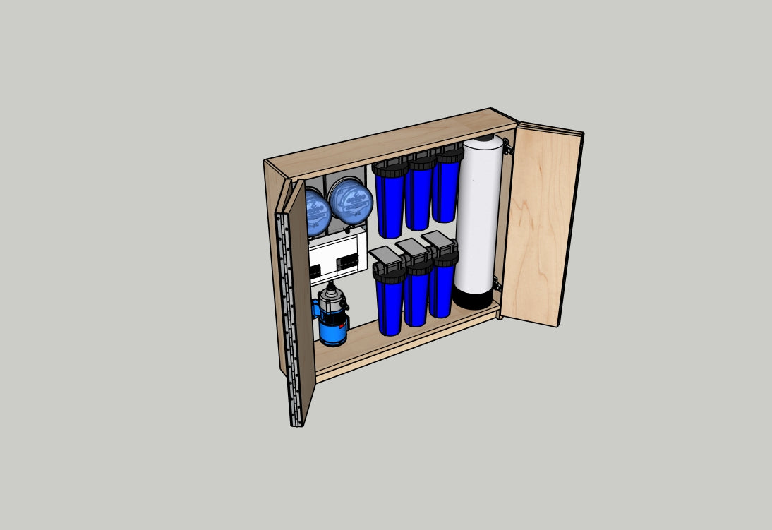 Illustration of a wooden cabinet with blue and white bottles inside on a gray background