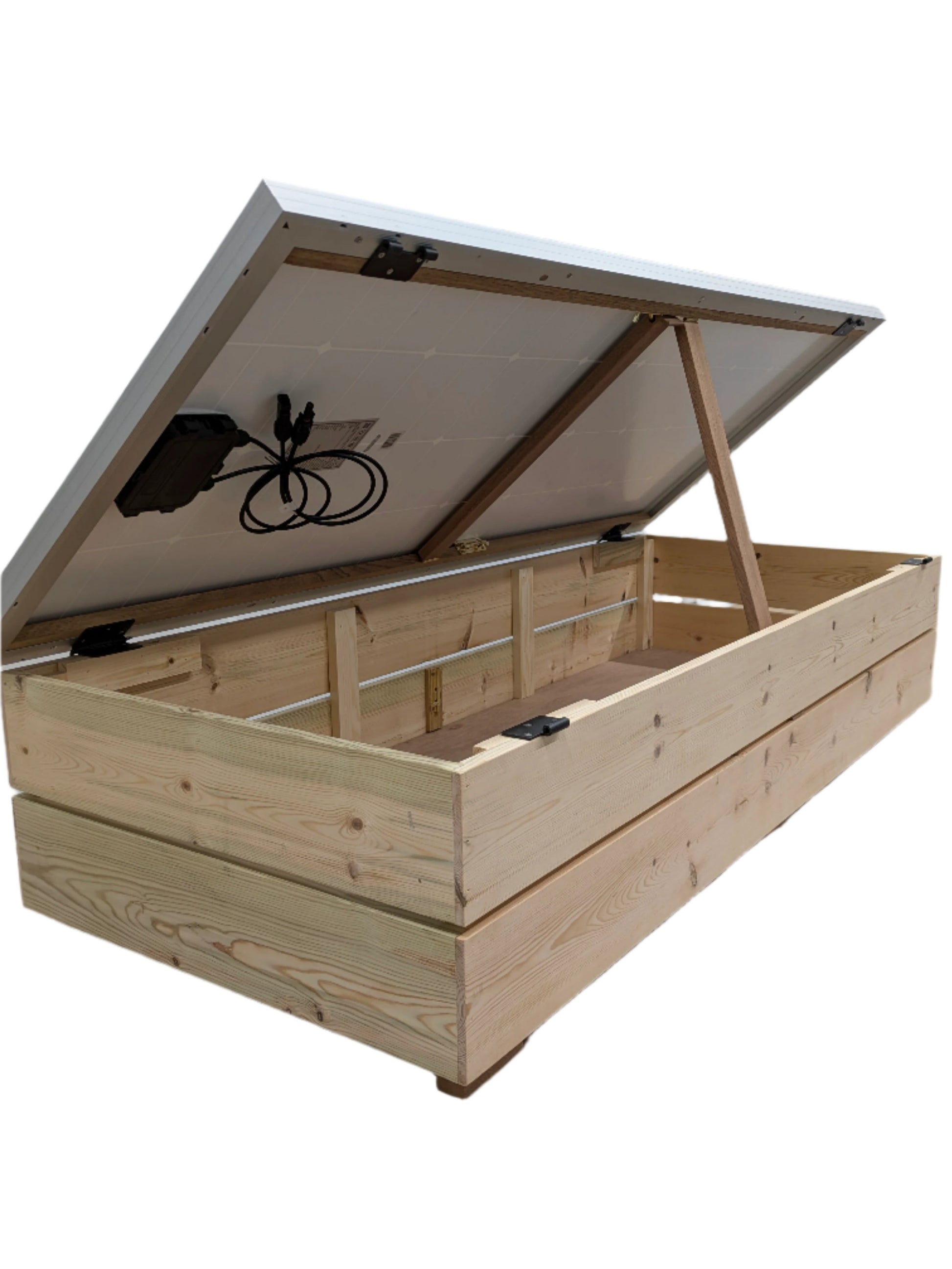 Wooden storage box with a solar panel lid on a white background