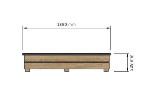 Measurement chart of a wooden Solar Box with dimensions on a white background